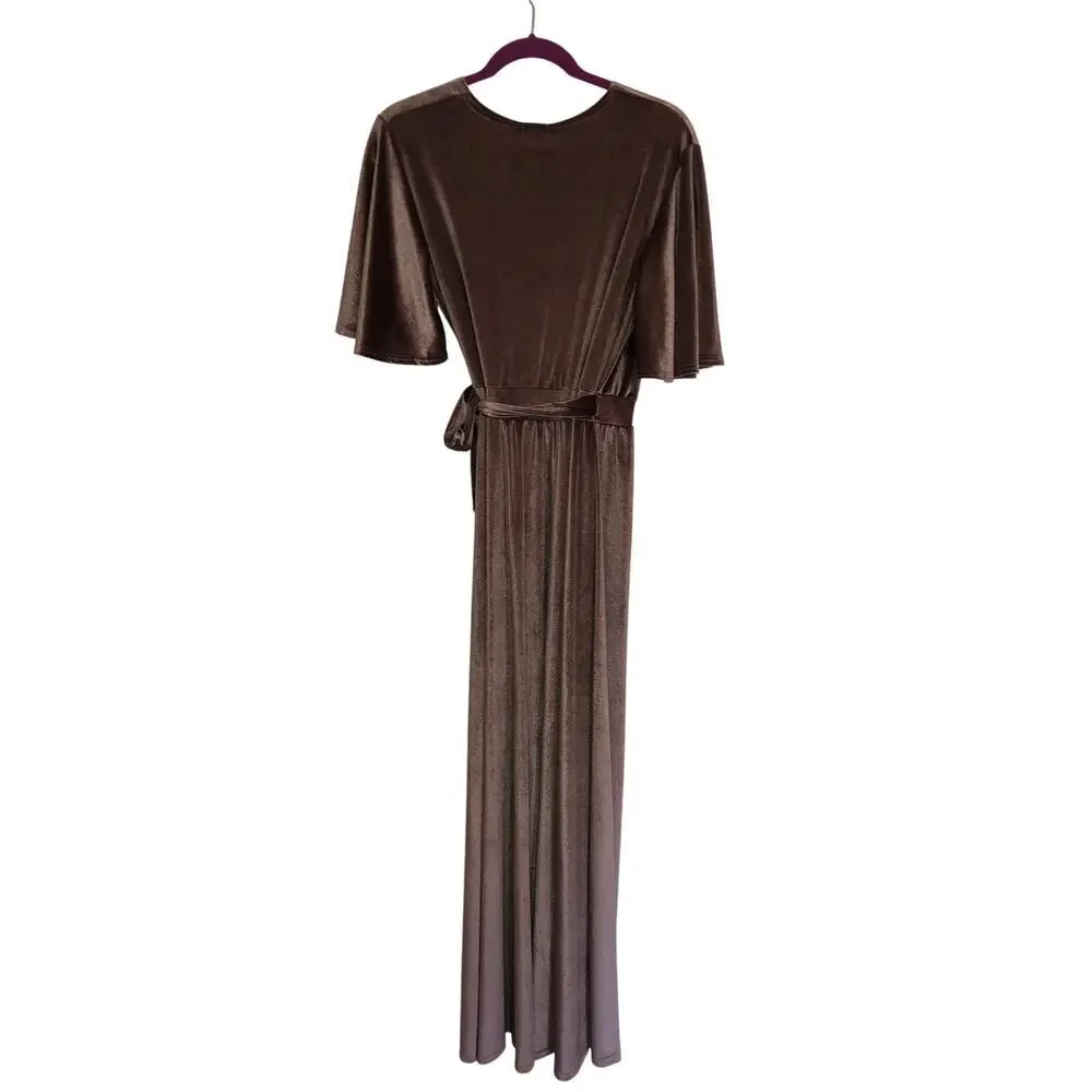 Velvet Wrap Dress Mia Dream Design Size S Maxi Wedding Evening Taupe Brown NEW